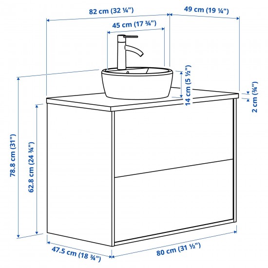 HAVBACK/TOLKEN/TÖRNVIKEN lavabo dolabı kombinasyonu, beyaz-beyaz mermer görünüm