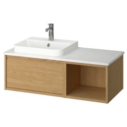 ANGSJÖN/TOLKEN/BACKSJÖN lavabo dolabı kombinasyonu, meşe görünümlü-beyaz mermer görünüm
