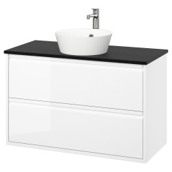 ANGSJÖN/TOLKEN/KATTEVIK lavabo dolabı kombinasyonu, parlak cila beyaz-siyah mermer görünüm