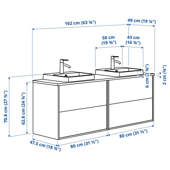 ANGSJÖN/TOLKEN/BACKSJÖN lavabo dolabı kombinasyonu, parlak cila beyaz-beyaz mermer görünüm