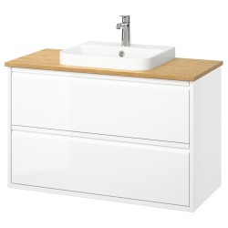 ANGSJÖN/ALSKEN/BACKSJÖN lavabo dolabı kombinasyonu, parlak cila beyaz-bambu