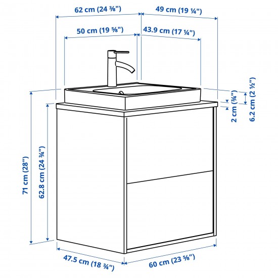 HAVBACK/TOLKEN/ORRSJÖN lavabo dolabı kombinasyonu, koyu gri-siyah mermer görünüm