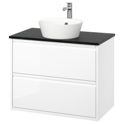 ANGSJÖN/TOLKEN/KATTEVIK lavabo dolabı kombinasyonu, parlak cila beyaz-siyah mermer görünüm