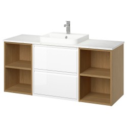 ANGSJÖN/TOLKEN/BACKSJÖN lavabo dolabı kombinasyonu, parlak cila beyaz-meşe görünümlü-beyaz mermer görünüm