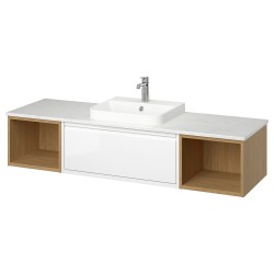 ANGSJÖN/TOLKEN/BACKSJÖN lavabo dolabı kombinasyonu, parlak cila beyaz-meşe görünümlü-beyaz mermer görünüm