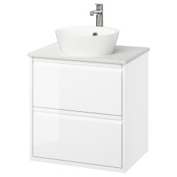 ANGSJÖN/TOLKEN/KATTEVIK lavabo dolabı kombinasyonu, parlak cila beyaz-beyaz mermer görünüm