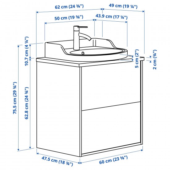 TANNFORSEN/TOLKEN/RUTSJÖN lavabo dolabı kombinasyonu, açık gri-siyah mermer görünüm