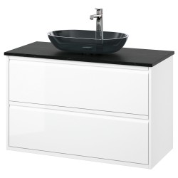 ANGSJÖN/TOLKEN/OXMYREN lavabo dolabı kombinasyonu, parlak cila beyaz-siyah mermer görünüm