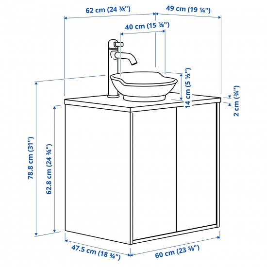 TANNFORSEN/TOLKEN/VASTERSJÖN lavabo dolabı kombinasyonu, beyaz-beyaz mermer görünüm